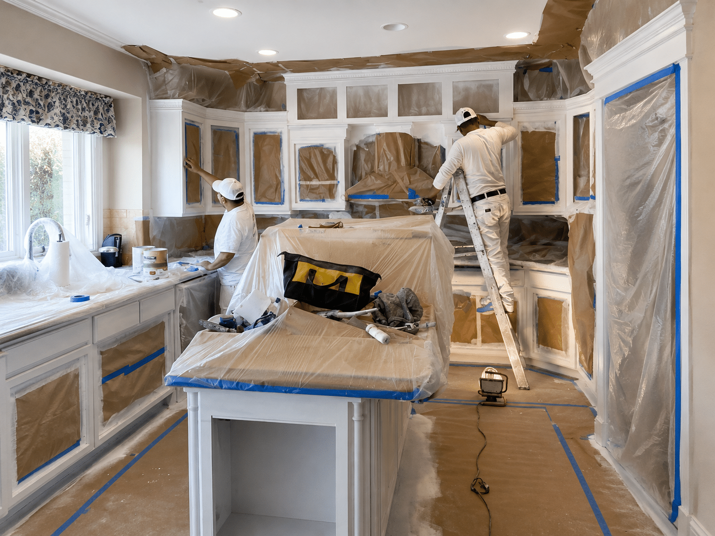 Professional painters painting kitchen cabinets in a Chicago home