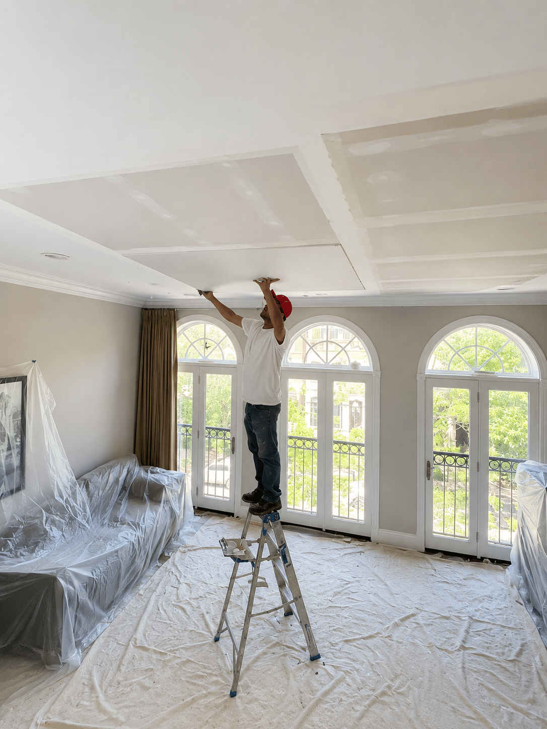 Professional drywall ceiling repair in progress inside a Chicago home