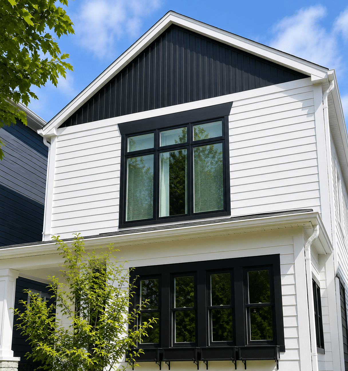 White home exterior with black trim professionally painted by North Shore Painting & Restoration