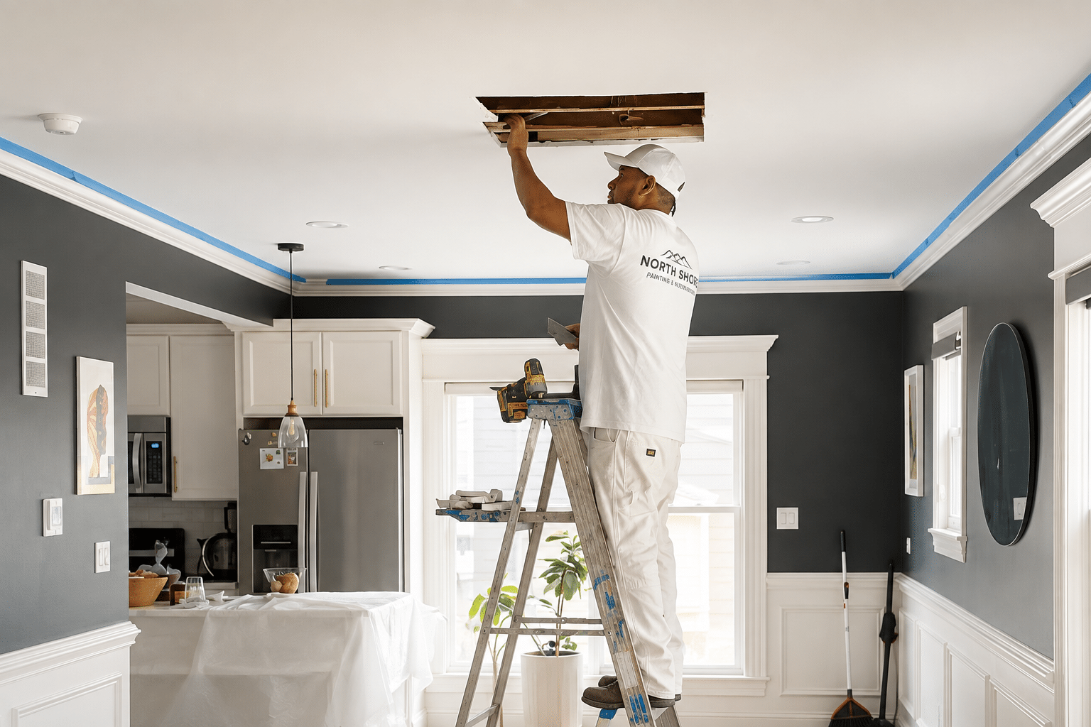 North Shore Painting & Restoration professional completing interior ceiling repair