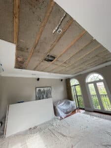Angled view of unfinished ceiling